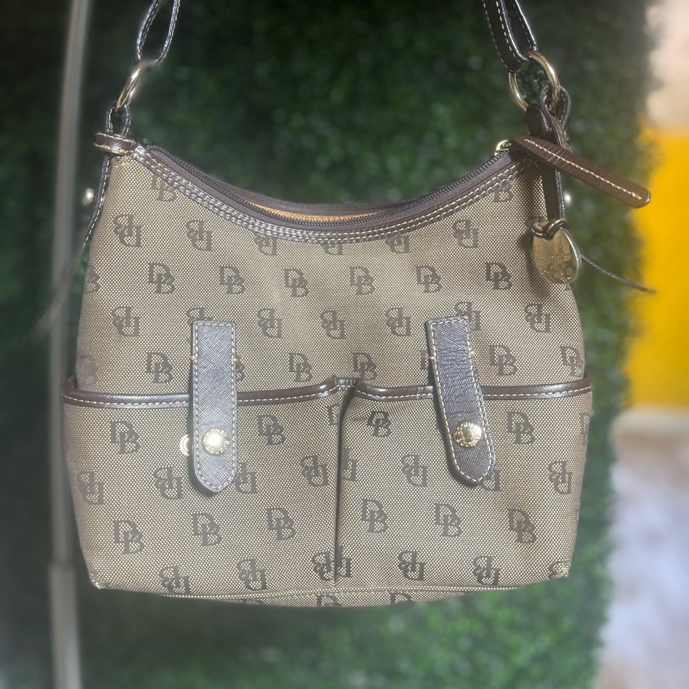 Dooney Bourke Brown DB Logo Monogram Leather Zip Hobo Shoulder Bag